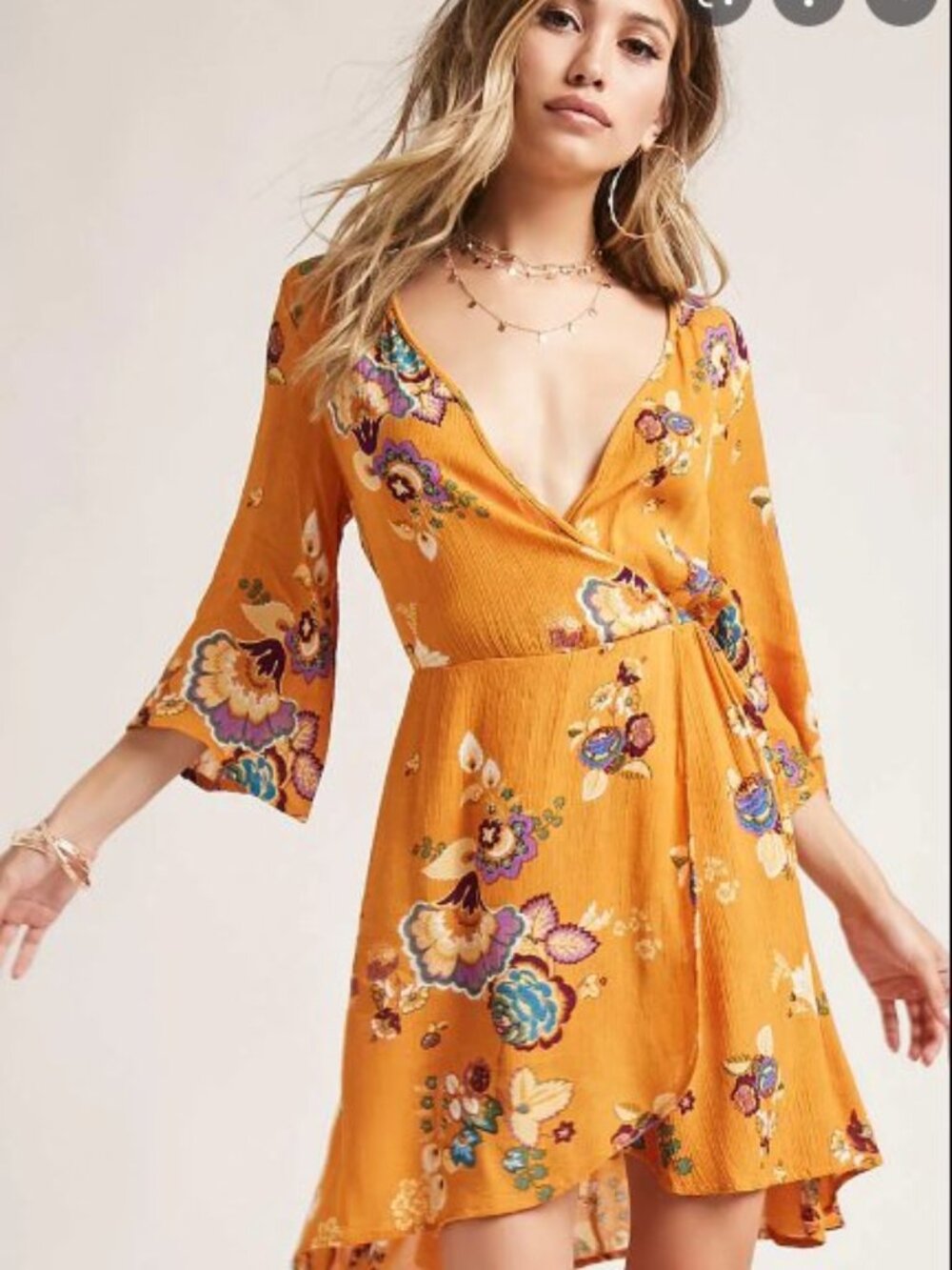 Forever 21 I Mustard Warp The Wild Floral Surplice Dress XSmall XS